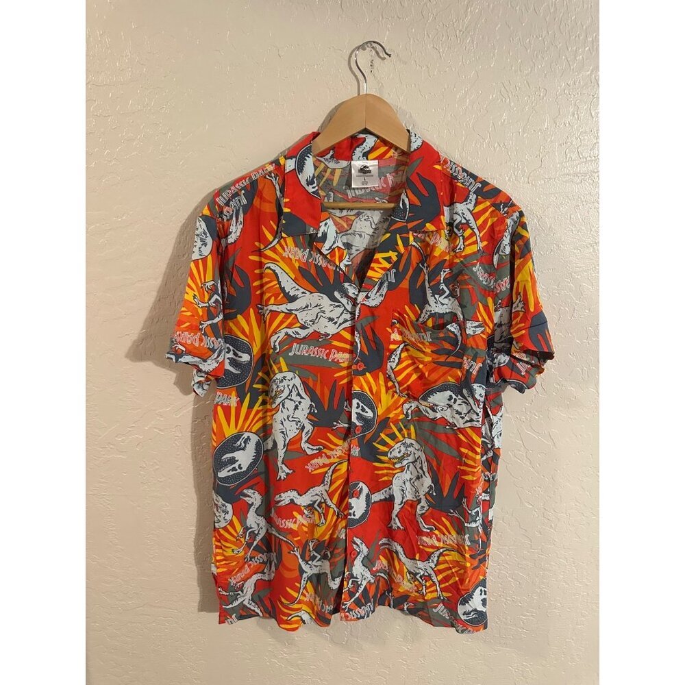 Jurassic Park Y Hawaiian Tropical Orange & Red Dinosaur Short Sleeved Button top